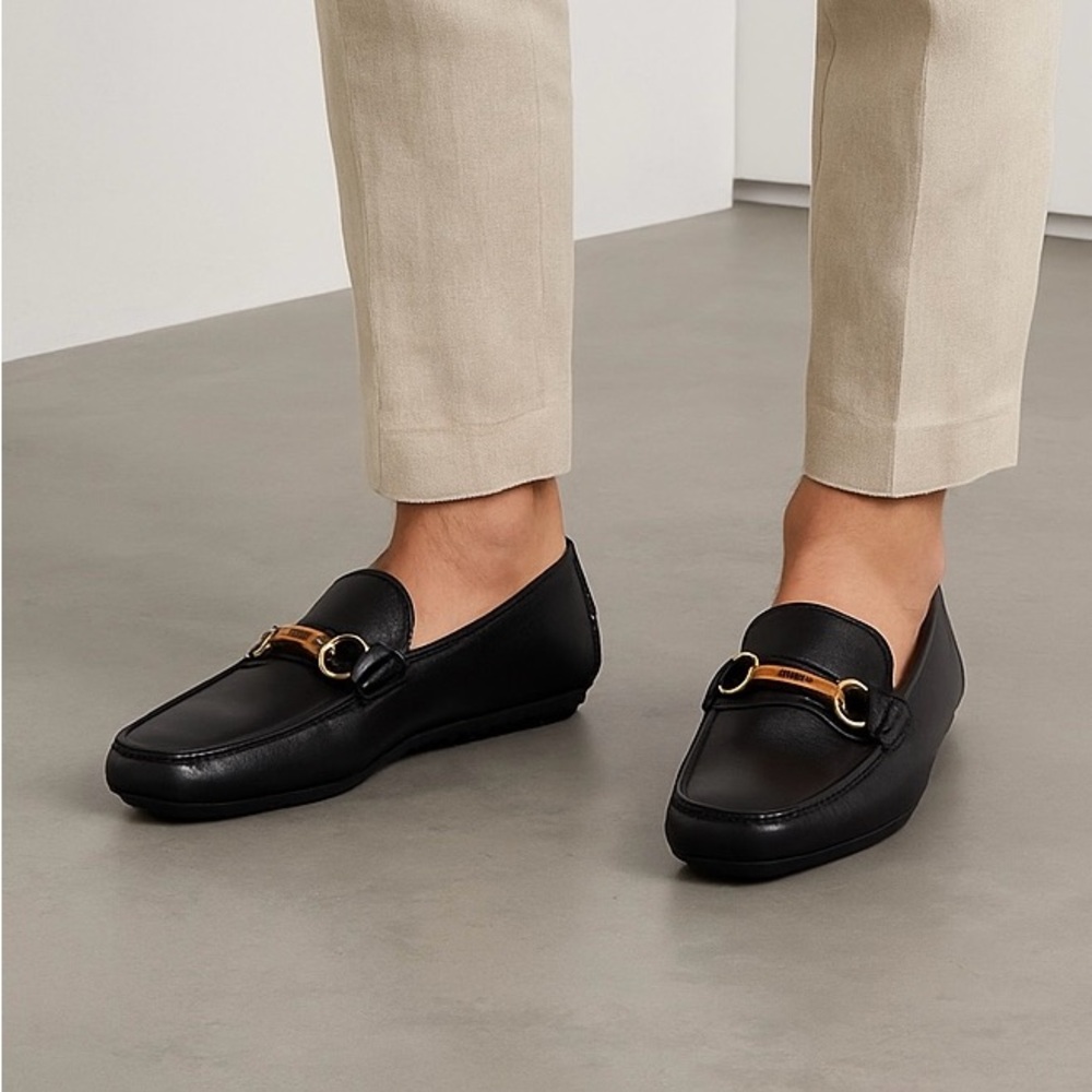 Authentic Gucci Men’s Bamboo Horsebit Black Leather Driving Loafers